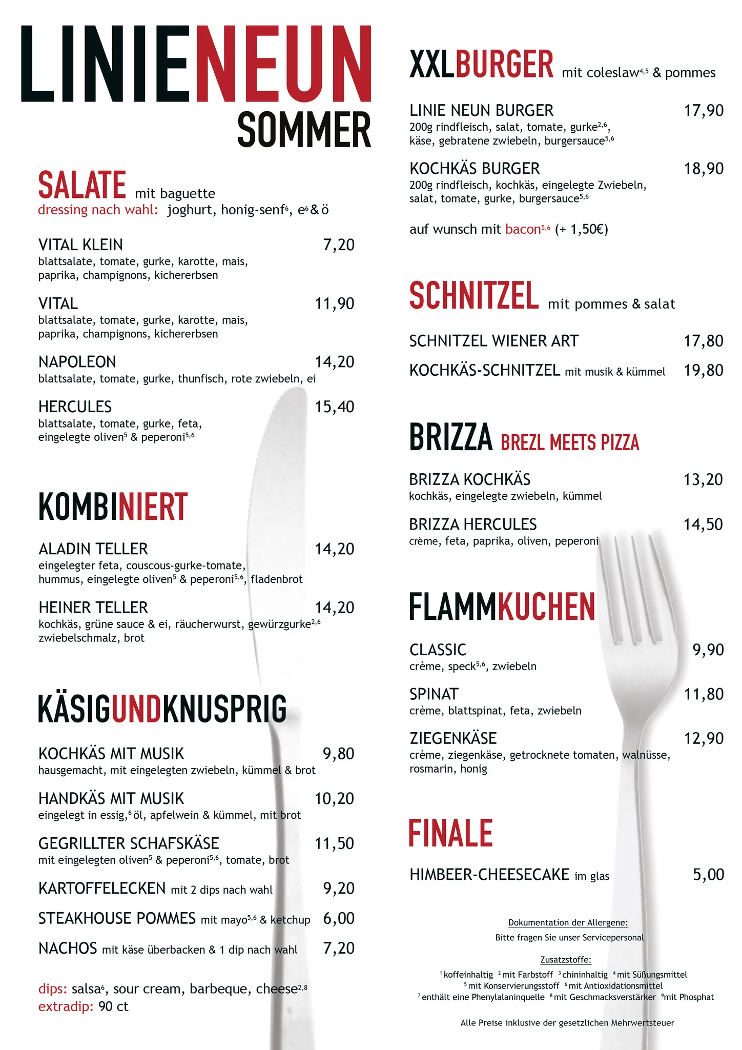 Speisekarte der Linie Neun